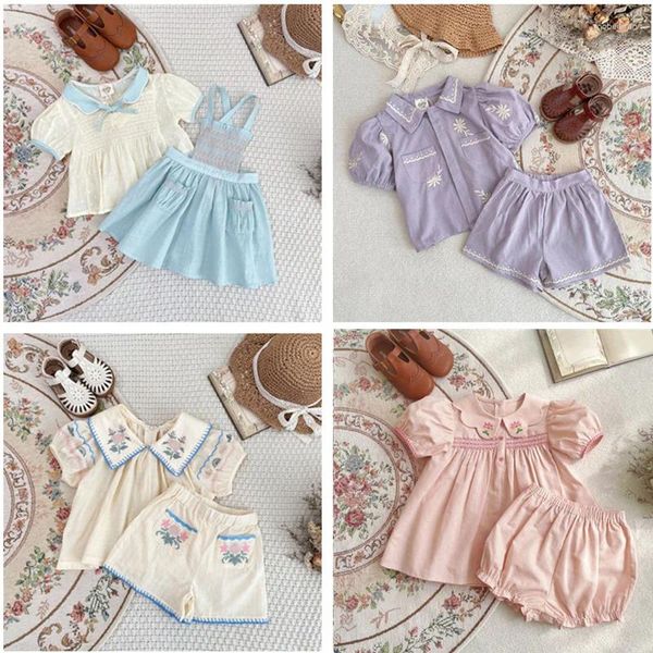 Kleidungssets Apo 2024 Sommermädchen Kleidung Set Stickbluse Top und Shorts Anzug Kurzarm T -Shirt Kleid