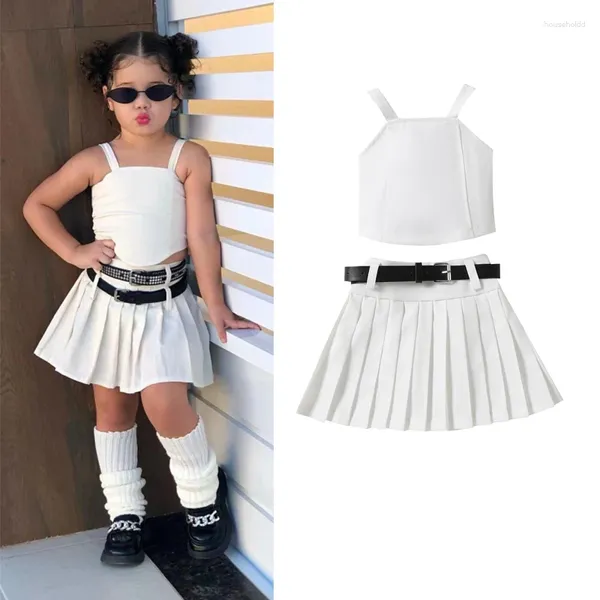 Giyim Setleri FocusNorm 1-6y Moda Küçük Kızlar Yaz Kıyafetleri 2 PCS Katı Kolsuz Kayış Kaşakıkık Pileli A-line Etek Kemer