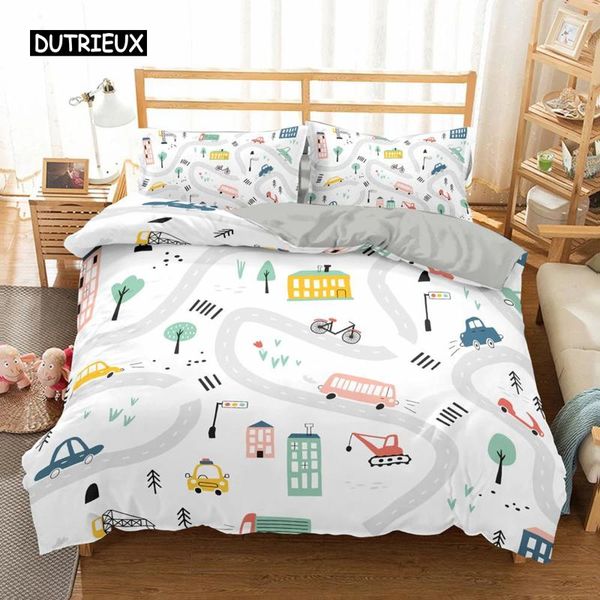 Bettwäsche Sets Reiseführer Duvet Cover Set Cartoon Route Automauhaus Gebäude Muster Mikrofaserthema Kingsize Quilt