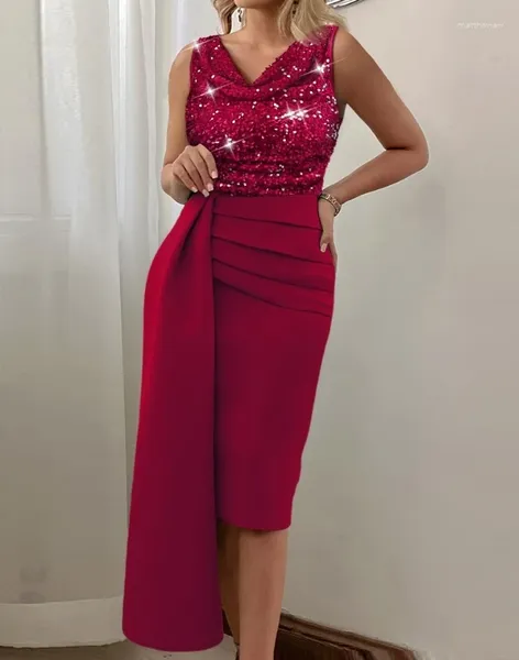 Abiti casual Elegante abito da sera delle donne Contrasto sequestro di paillettes asimmetriche Party 2024 Spring Sexy Cowl Neck Sleeveless Midi Midi