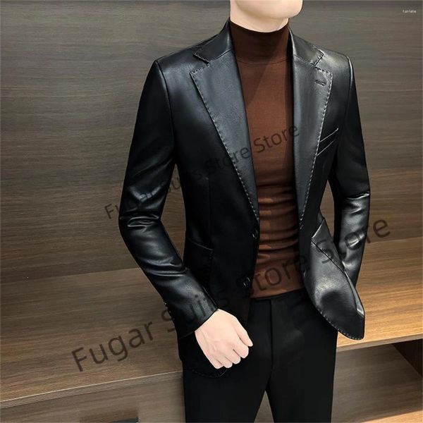 Erkekler Siyah Deri Moda Erkekler İnce Fit Çentikli Çentikli Çentik Damat Smokin Resmi 2 Parçası 2 Parça Setleri İş Erkek Blazer Kostüm Homme