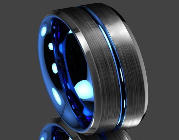 8 мм Men039S Fashion Black Tungsten Carbide Ring Blue Groove Обручальное обручальное обручальное кольца Men039s подарки для отца BO8902337