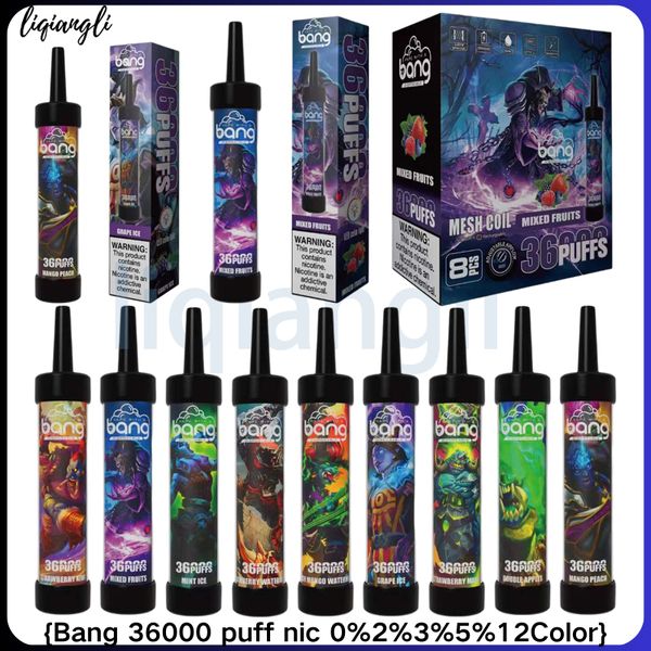 Big Puff Bang 36000 Puff Disponível Vape recarregável e cigarros bobina de malha 40 ml e-líquido Puff 36k Vaper 0%2%3%5%Luz de cor LED de cigarro eletrônico descartável