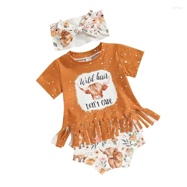 Kleidungssets Kleinkind Baby Mädchen Western Outfit wildes Haar nicht sorgfältig Tassel T-Shirt Kuhdruck Blumenblüte Shorts Bogenstirnband