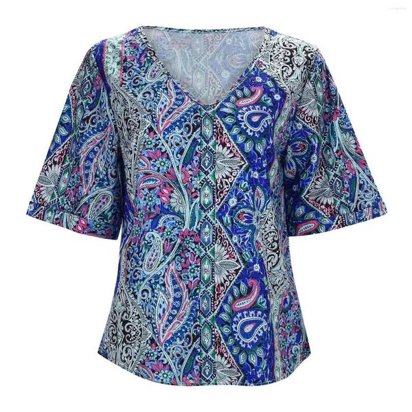 Camas femininas Camisetas vintage ladies moda moda casual com mangas curtas impressas lady lady chiffon tops bufle sleeve colar