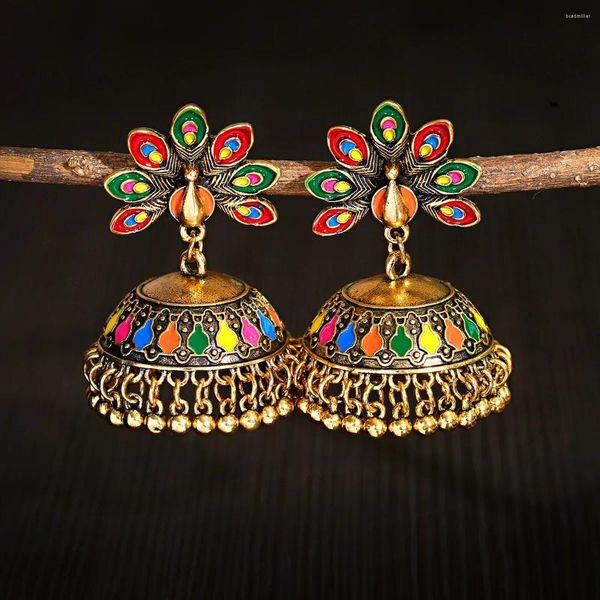 Dangle Ohrringe ungewöhnlich für Frauen farbenfrohe Pfauenschmuckohrringe Bollywood Glocken Anhänger Piercing Vintage