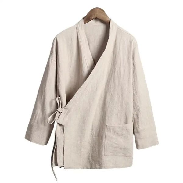 Herren Leinenweste Shirt Langarmer chinesischer offizieller Kragen traditionelle Kung Fu Tang Casual Social Plus Size 240419