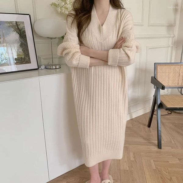 Abiti casual Office Lady Lady Big Sliet Knitting Pullover Long Dress Women Autunno inverno semplice Elegante comodo all'ingrosso