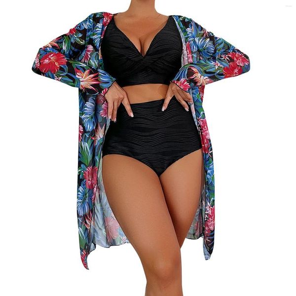 Moda de banho feminina Multi colorida Sexy Print Swimsuit de 3 peças Biquíni Set Bikiny Sleeve Capa de praia Swim Top Women With Bra