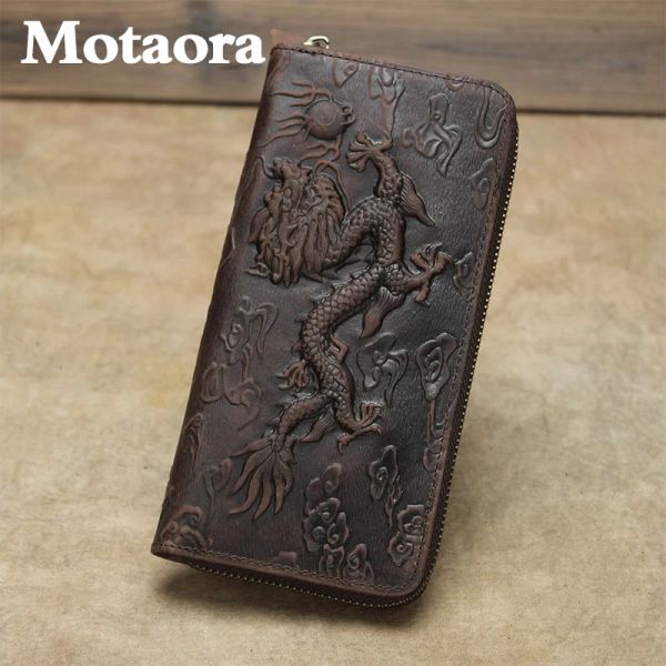 Carteiras MOTAORA Estilo chinês Design criativo Wallet Unissex Retro Carteiras em Relevo Dragon Padrão Long Men Holder de cartão