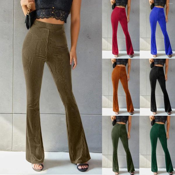 Calça feminina feminina flee flare slim encaixe magro na cintura larga calça de perna larga fêmea cor de cor sólida elástica dança