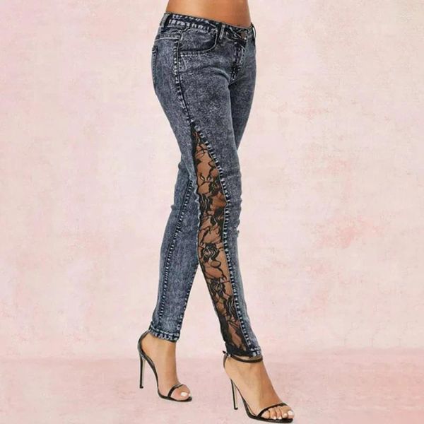 Jeans femminile ad alta vita in pizzo primaverile cucitura alla moda retrò grigio sexy pantaloni magri matita