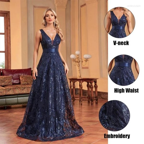Вечеринка платья Fannonnaf вышивка роскошное темно-синее вечернее платье v vintage banquet-inform