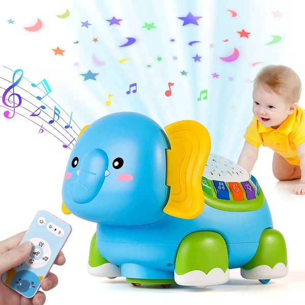 Baby Crawling Toys Musical Elephant Tummy Time Infants Toys com Timer Light Up Up Projeção Presentes de Aniversário para Bebês 240407