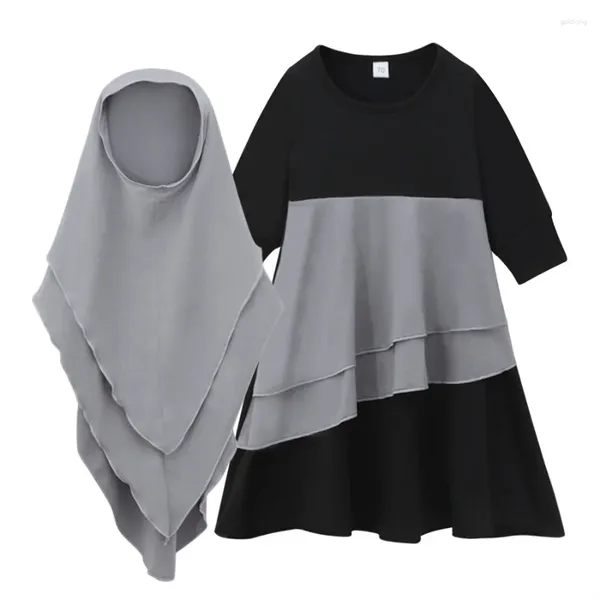 Ethnische Kleidung schwarze Abaya Mädchen 2 Stück Hijab Set Ramadan Gebetskleid Khimar Kinder Eid Kleidung Muslim Robe Kids Kaftan Kleider