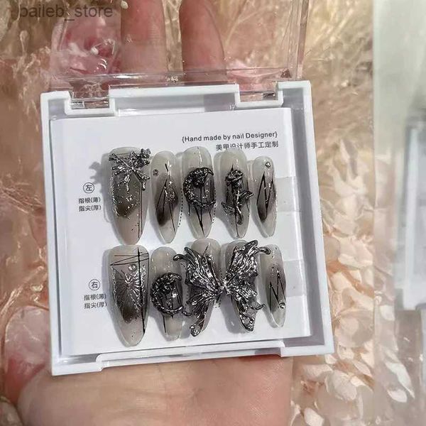 False unhas 10pcs Made Long Almond Press em unhas com 3D Dark Silver Butterfly Moon Design destacável Falso unhas Dicas de unhas de capa completa y240419