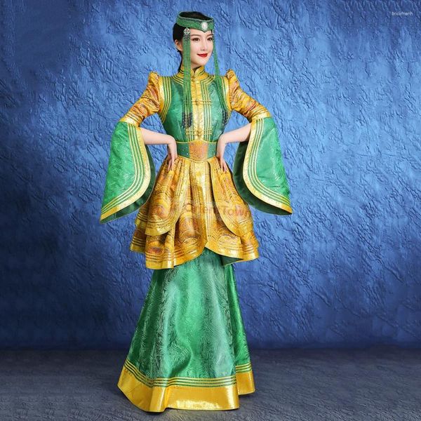 Abbigliamento da palcoscenico costumi di danza etnica mongola personalizzati per donne che presentano un fiore verde come la bellezza e la veste