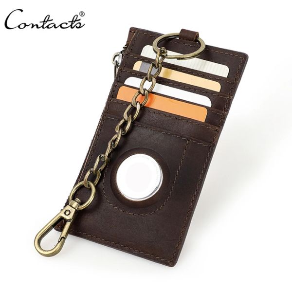 Titulares Contato de couro genuíno Men portador de cartão Carteira Chave de chaves RFID Mini Antilost Air Tag Tope Coin Pocket Pocket Slim Caso