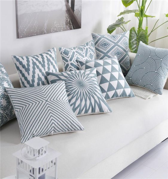 Blau weiße Kissenbedeckung Mode Geometrische Stickkissen Hülle für Sofa Bettauto Einfache dekorative Kissenbezüge 45x45cm6235302