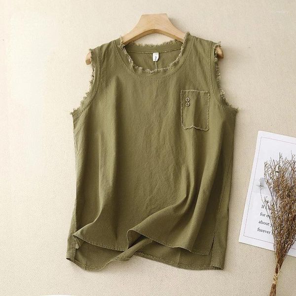 Tanques femininos de camiseta sem mangas linhas de linho de linho O-pescoço da borda de borda de borda moda Camis Casual Exército verde tanque verde Top Summer 2024