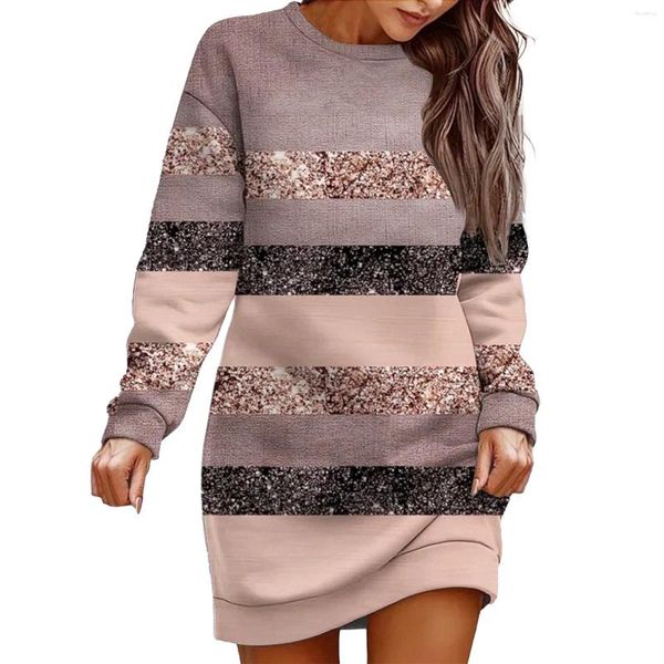 Lässige Kleider Damen Herbst und Winter Rund Hals Leopardenmuster fallende Schulterkontrast Farbe langärmeliges Modekleid Top