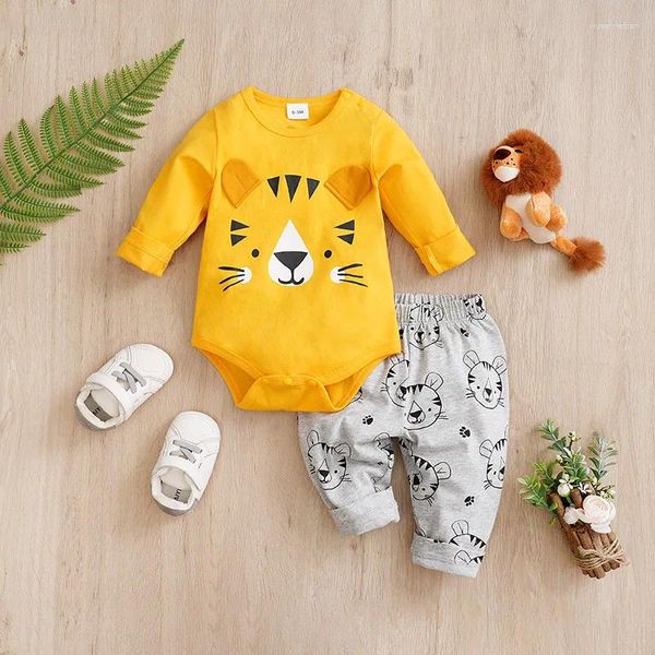 Kleidungssets Frühlings- und Herbstjungen Mädchen Süßes Cartoon Tiger Druck Baumwolle Langarm Baby Dreieck Bodysuit zweiteilige Hosen Set Set