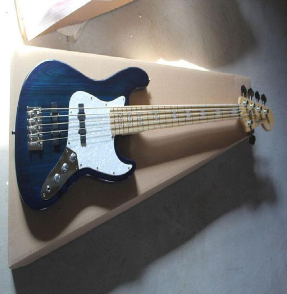 3KJGFG 2014 Top Quality 5 Saiten Maple Neck F Jazz Bass Stripe Dark Blue Electric Bass Gitarre auf Stock1638666