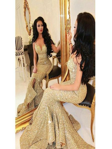 2016 Altın Serada Prom Elbiseler Gerçek Görüntüler Seksi Sweethart Uzun Denizkızı Akşam Elbiseleri Ön Slit Ruffles Bling Balo Elbiseleri3905958