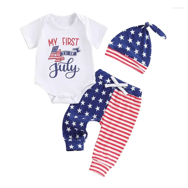 Set di abbigliamento bambino bambino 4 luglio Stampa lettera di abbigliamento a manicotto figer stella pantaloni set di cappelli