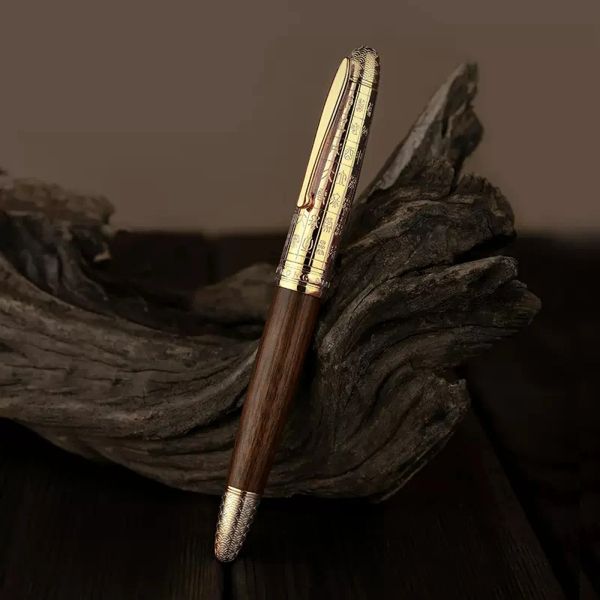 Pens New Hongdian 6016 -Fonte Pen Golden Metal Natural Wood Fish Scale e Ef Bent Nib Caligrafi Business Writing Gifts Pens