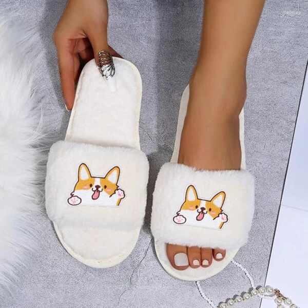 Slippers feminino elementos decalques de cachorro fofo cachorro bordado adesivos de tecido decoração em casa inverno aberto de pé interno plana não deslizamento sapato de lazer