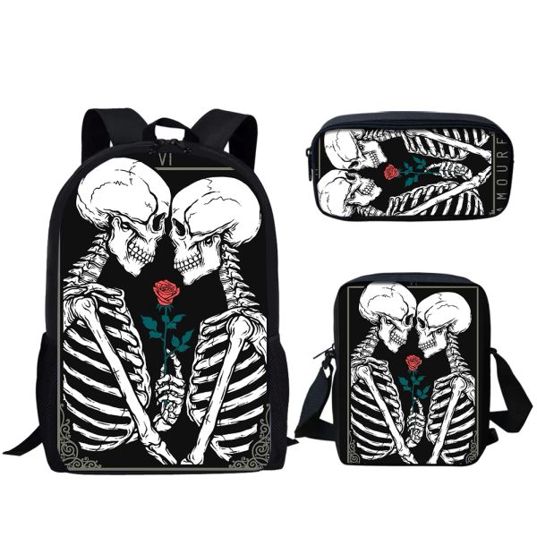 Bags Skull Gótico Impressão de Esqueleto Funnamente 3PCS para Mochila Meninas para meninos para Mochila para Estudantes Primária Mochila de Backpack de Grande Capacidade