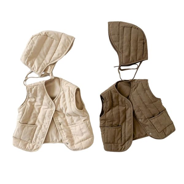 Sonbahar kış bebek yelek şapka 2pcs daha sıcak pamuk ceket moda Koreli çocuk yelek kızlar erkekler için dış giyim ceketleri kıyafetler 240409