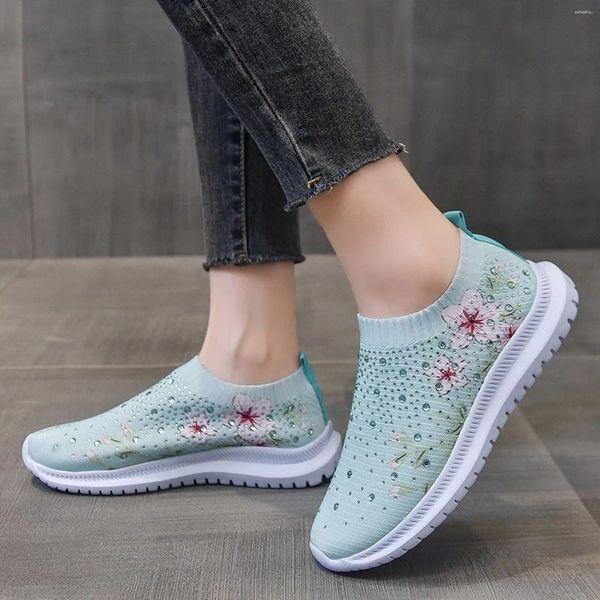 Scarpe casual donne signore di rinestone stampa floreale mesh calze sportive palestra esterna traspirante con sneaker da tennis