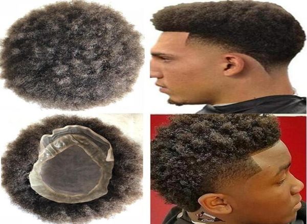 4mm Afro Capelli Front in pizzo con Mono Pu Toupee Vergine Brasilia Vergine Human Sostituzione di Black Men1411029