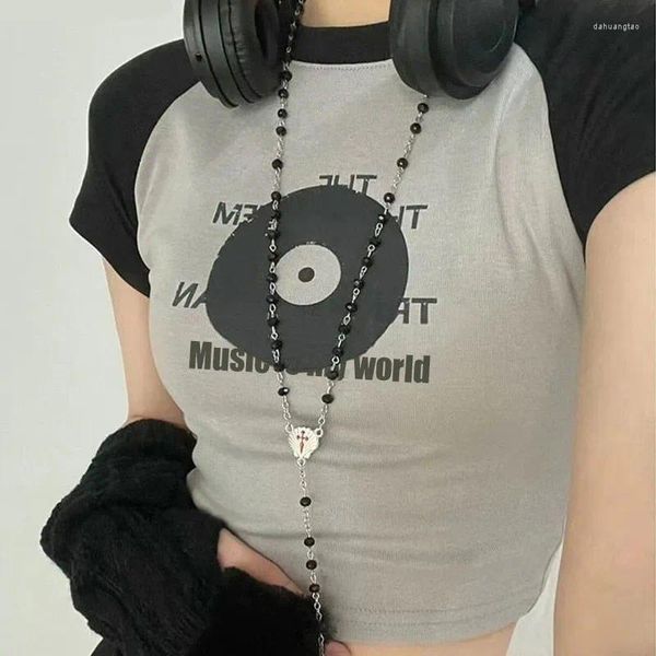Frauen T-Shirts Vintage Crop Top Gothic Graphic Print Patchwork Kurzarm T-Shirt Korean Grunge Kleidung Y2K Ästhetik Slim Baby Tee