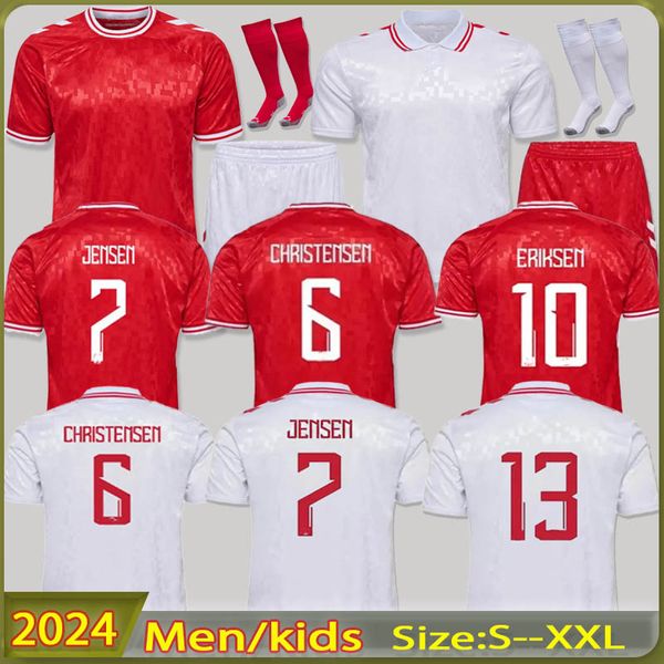 2024kids Dinamarca Jersey de futebol Chicharito 2024 Copa do euro Camisetas Kit Kit Seleção nacional Home Away Version Cirche de futebol Camisa de futebol Christensen Eriksen Jensen