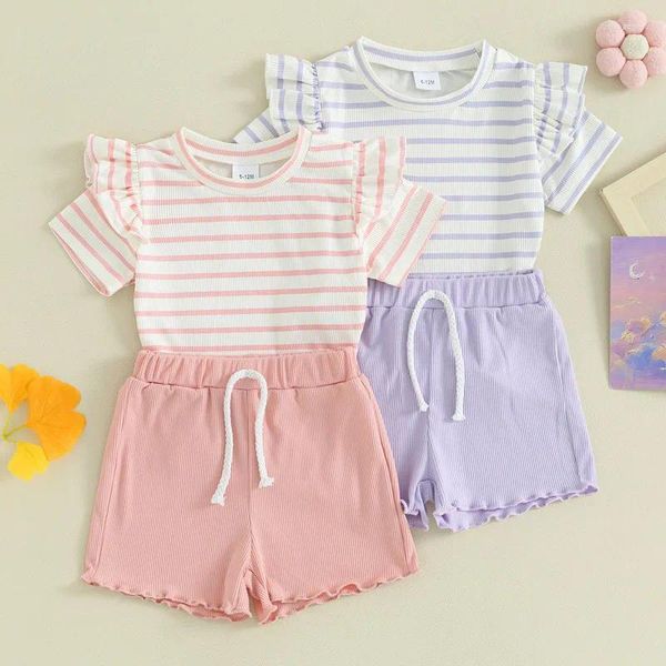 Giyim setleri küçük kız 2 adet yaz set yuvarlak boyun kısa kollu çizgili üstler elastik bel dalgası etek kenarı şort bebek yürümeye başlayan kıyafetler