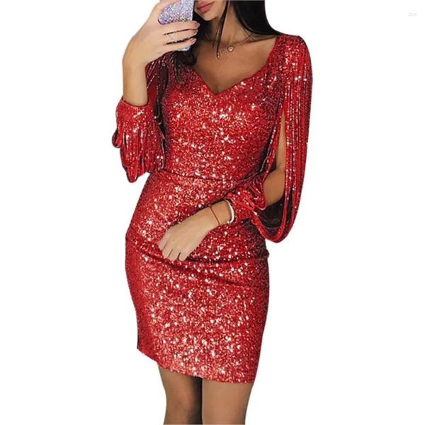 Abiti casual snelli sexy mini femminili da donna a V Shining abito elegante nappa solida a maniche lunghe Silk Bright Female Vestidos