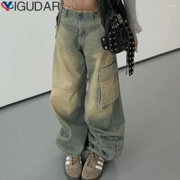 Bolsos de retalhos de jeans femininos calças de cargo jeans para mulheres altas cora de cor de cor casual comprimento do piso roupas de moda feminina roupas
