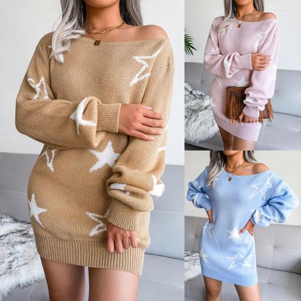 Lässige Kleider Frauen Winter Kleidung eleganter Star Print Pullover Kleid sexy Off Schulter loser Strick Damen Herbst 2024