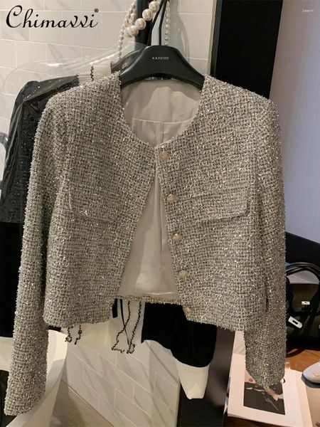 Giacche da donna Shining Shining Silk Tweed Tweed Grey Short Coat 2024 Abiti da molla Fashi