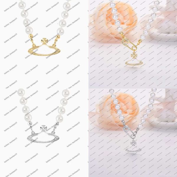 Saturn Perlen Halsketten Perlen Armband Pin Ohrringe Stift Planet Anhänger Halskette Diamant Gold Sier Platten Designer Schmuck Schlüsselbein Kettenkette für Frauen Frau