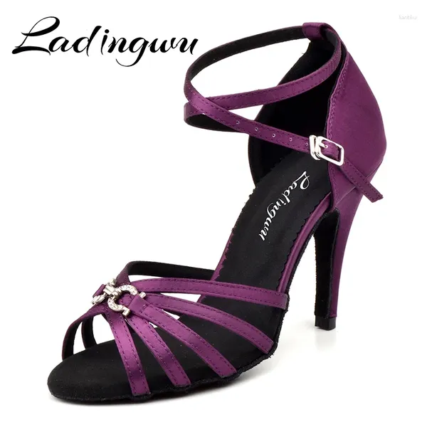 Scarpe da ballo Ladingwu Sala da ballo latina per ragazze Purple Satin e Metal Button Sandals Tacco 6-10 cm