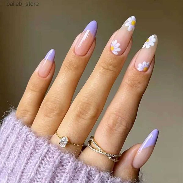 Falso unhas 24 peças/caixa de unhas falsas de amêndoa floral fresca pressionadas nas unhas destacáveis dicas de unhas falsas em roxo com manchas de manipulação de design y240419eroy