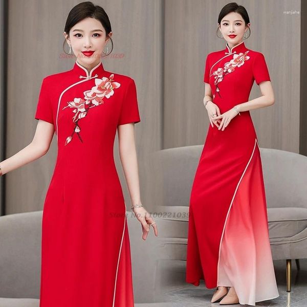 Roupas étnicas 2024 Vestido tradicional chinês melhorado QIPAO FLOR NACIONAL Bordado Cheongsam A-Line Oriental Banquet Night