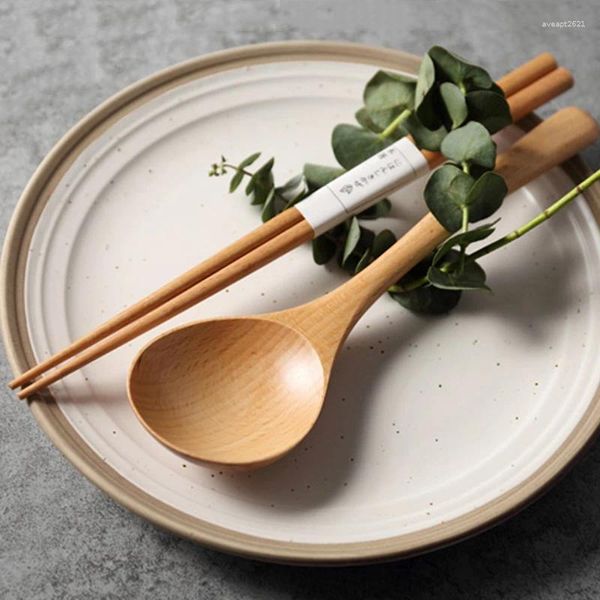 Geschirrsets 4pcs Holzlöffel und Essstäbchen -Set japanische Ramensuppe Big serviertes chinesisches Besteck Geschirr