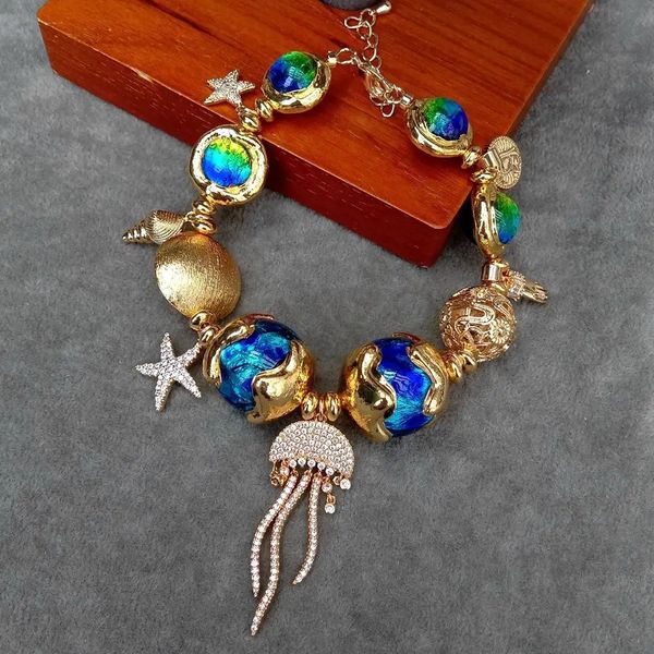 KKGEM 16mm-19mm azul Murano Glass Gold Gold Cz Jelly Fish Charm Bracelet Women Jewelry 240411