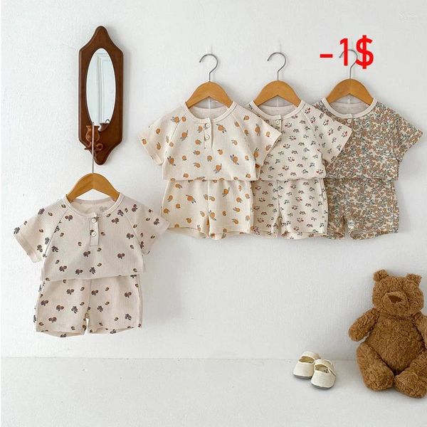 Kleidung Sets Miniainis Sommerbaby Waffel kurzärmelig T -Shirt Shorts 2 Stücke Anzug Jungen Fruchtblumenmuster Set Mädchen Kleidung