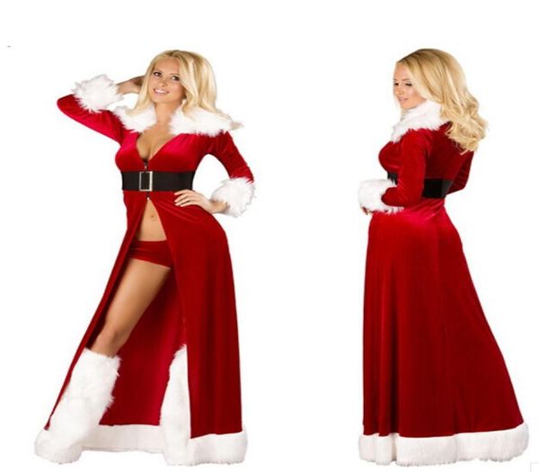 Seksi Noel Yetişkin Kadınlar Santa Cosplay Kostüm Kırmızı Cüppeli Fantezi Elbise Üç Parça Üniformaları Kıyafetler Kadınlar İçin Noel Kostümleri8547866